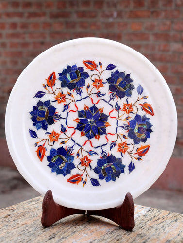 Marble Inlay Round Plate Curio with Stand