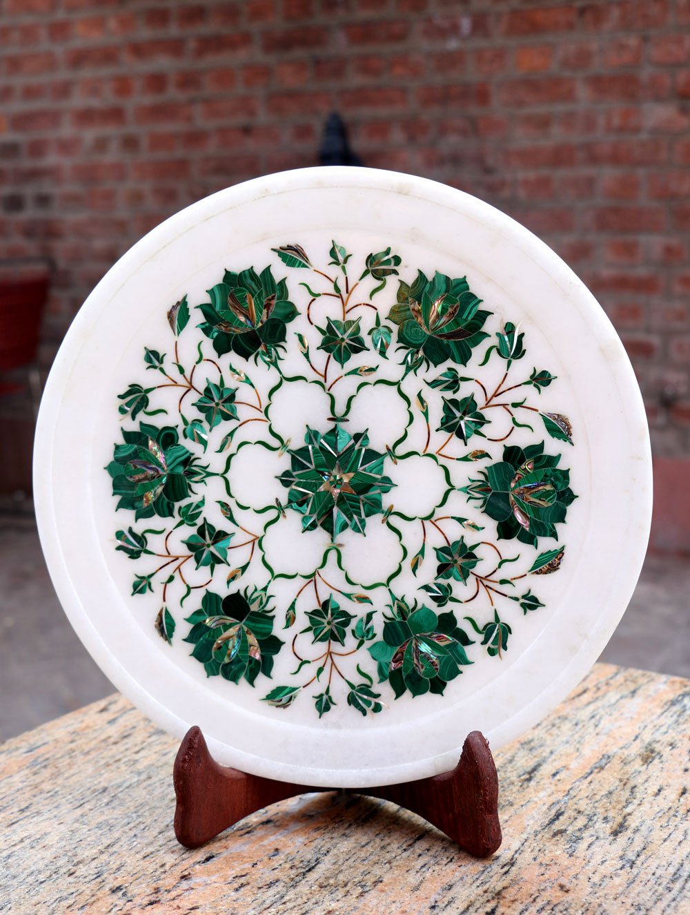 Marble Inlay Round Plate Curio with Stand