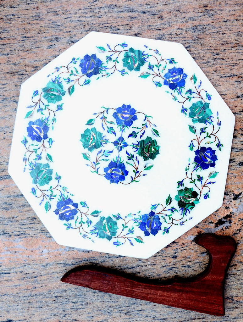 Marble Inlay Round Plate Curio with Stand