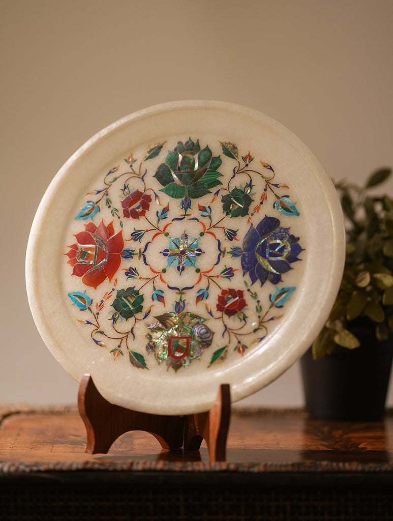 Marble Inlay Round Plate Curio With Stand - Blue Medley