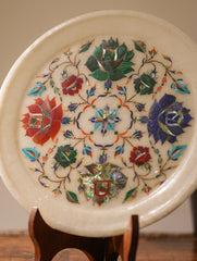 Marble Inlay Round Plate Curio With Stand - Blue Medley