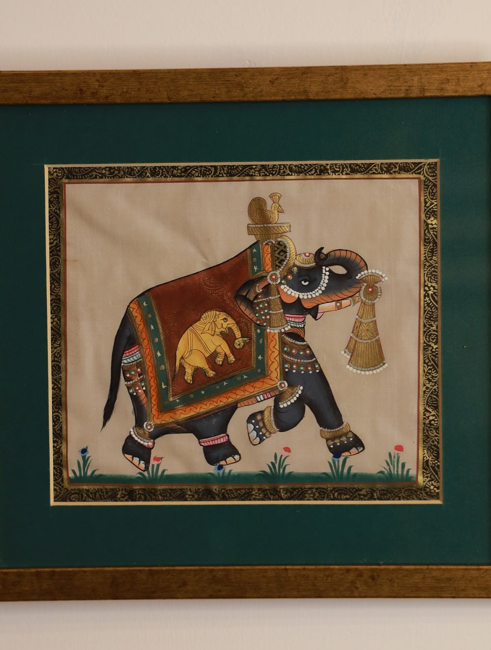 Miniature Art Silk Painting - Elephant, Green (Framed)