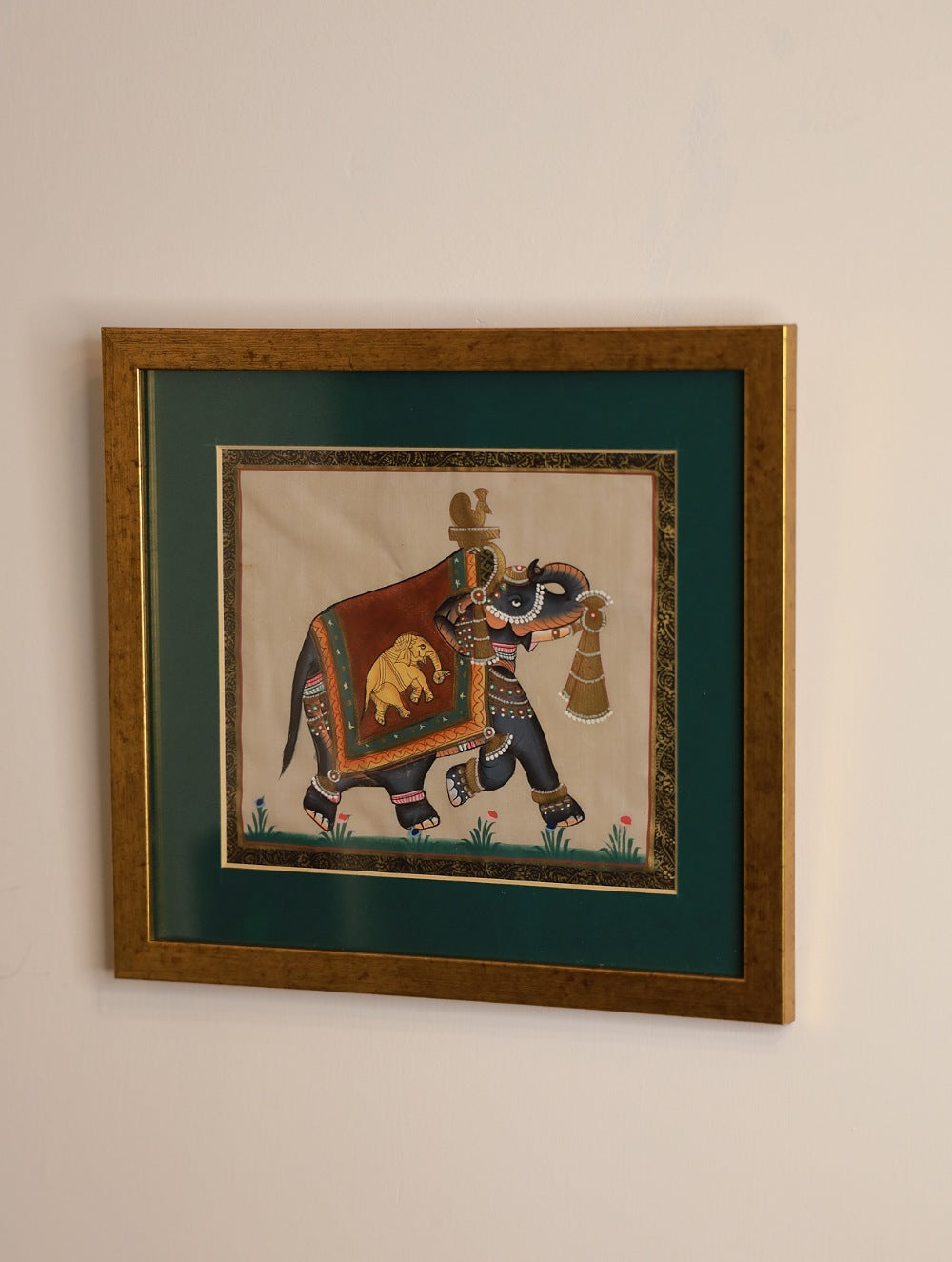 Miniature Art Silk Painting - Elephant, Green (Framed)