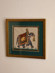 Miniature Art Silk Painting - Elephant, Green (Framed)