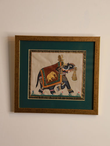 Miniature Art Silk Painting - Elephant, Green (Framed)