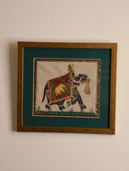 Miniature Art Silk Painting - Elephant, Green (Framed)