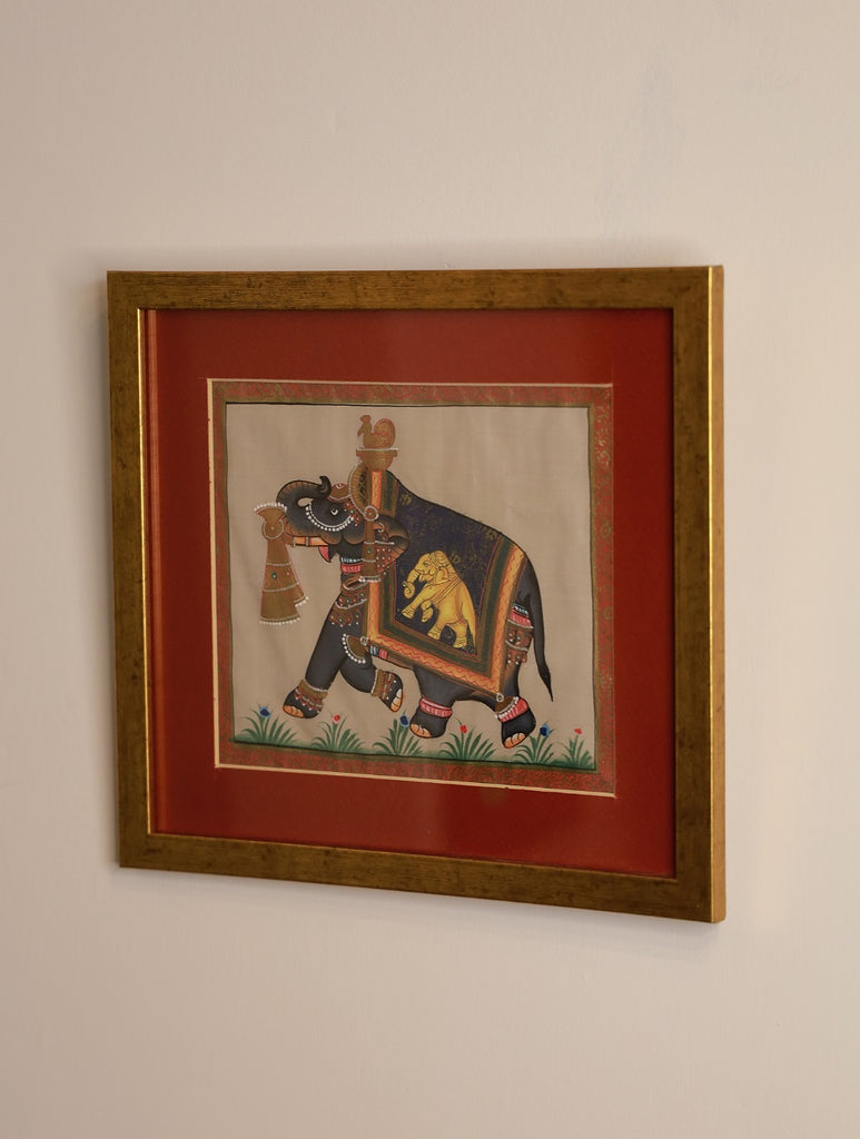 Miniature Art Silk Painting - Elephant, Red (Framed)