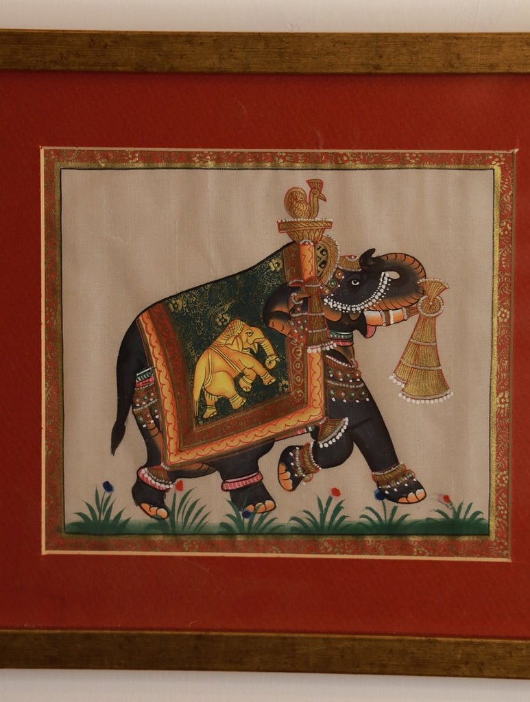 Miniature Art Silk Painting - Elephant, Red (Framed)