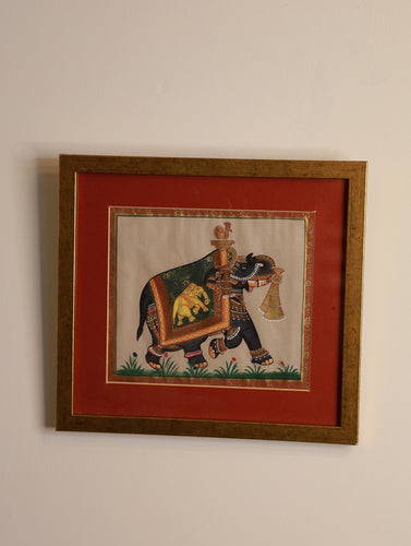 Miniature Art Silk Painting - Elephant, Red (Framed)