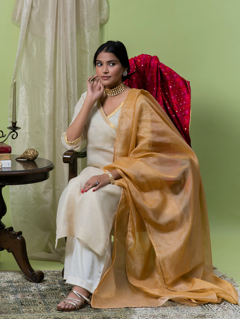 Occasion Wear. Chanderi Kurta Set & Tissue Dupatta - Beige & Gold