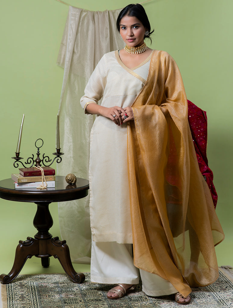 Occasion Wear. Chanderi Kurta Set & Tissue Dupatta - Beige & Gold