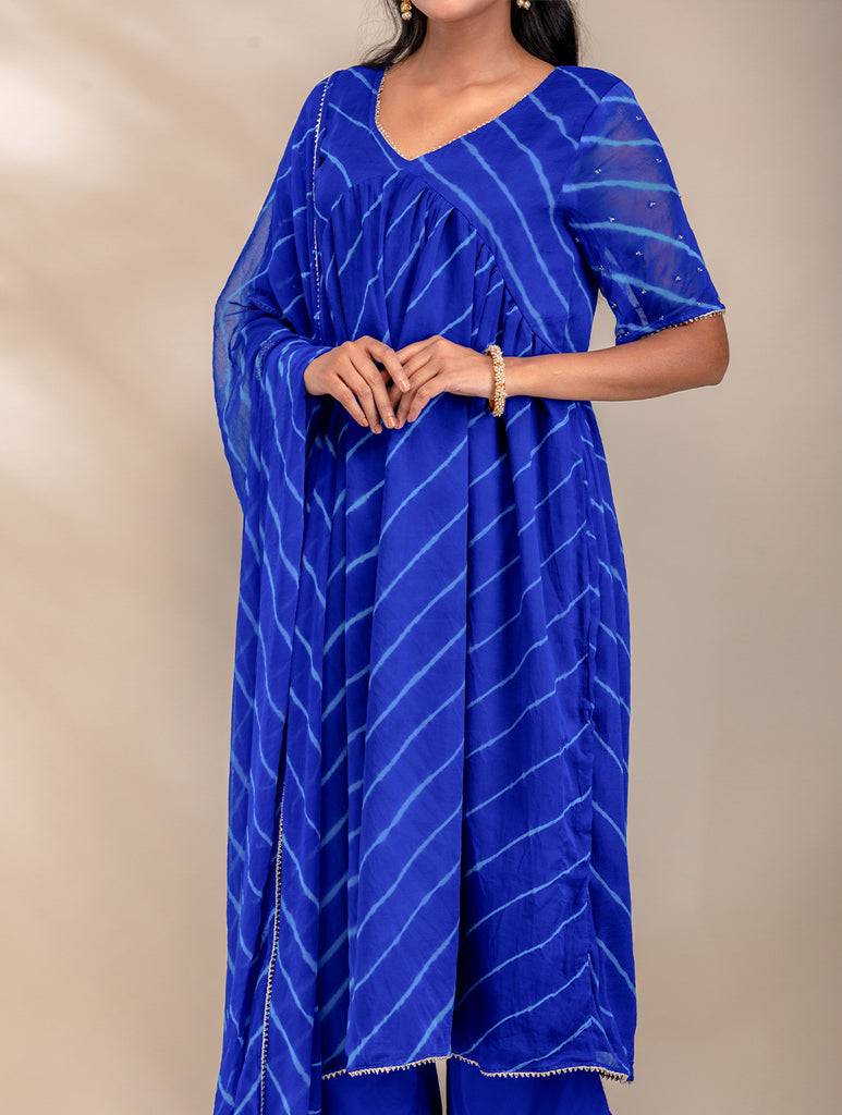 Occasion Wear. Georgette Lehariya Kurta Set With Beadwork - Royal Blue (Set of 3)