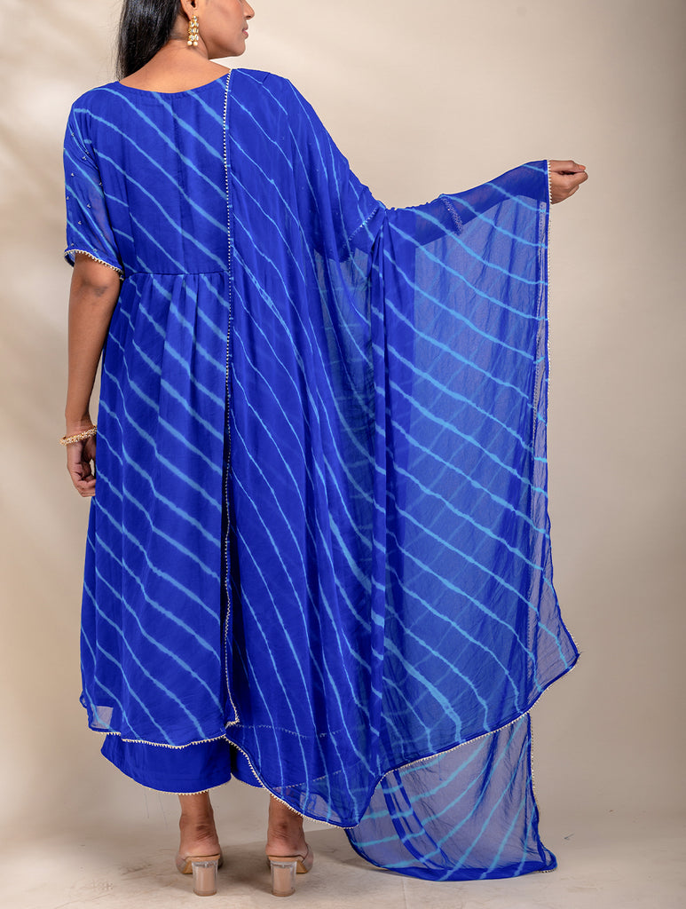 Occasion Wear. Georgette Lehariya Kurta Set With Beadwork - Royal Blue (Set of 3)