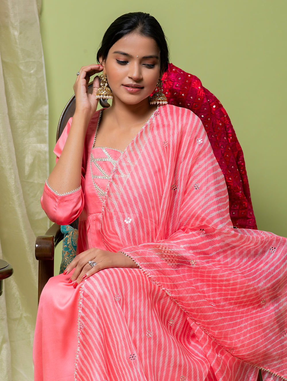 Load image into Gallery viewer, Occasion Wear. Modal Cotton Kurta Set With Lehariya &amp; Mirrorwork Dupatta - Deep Melon Pink &amp; Beige