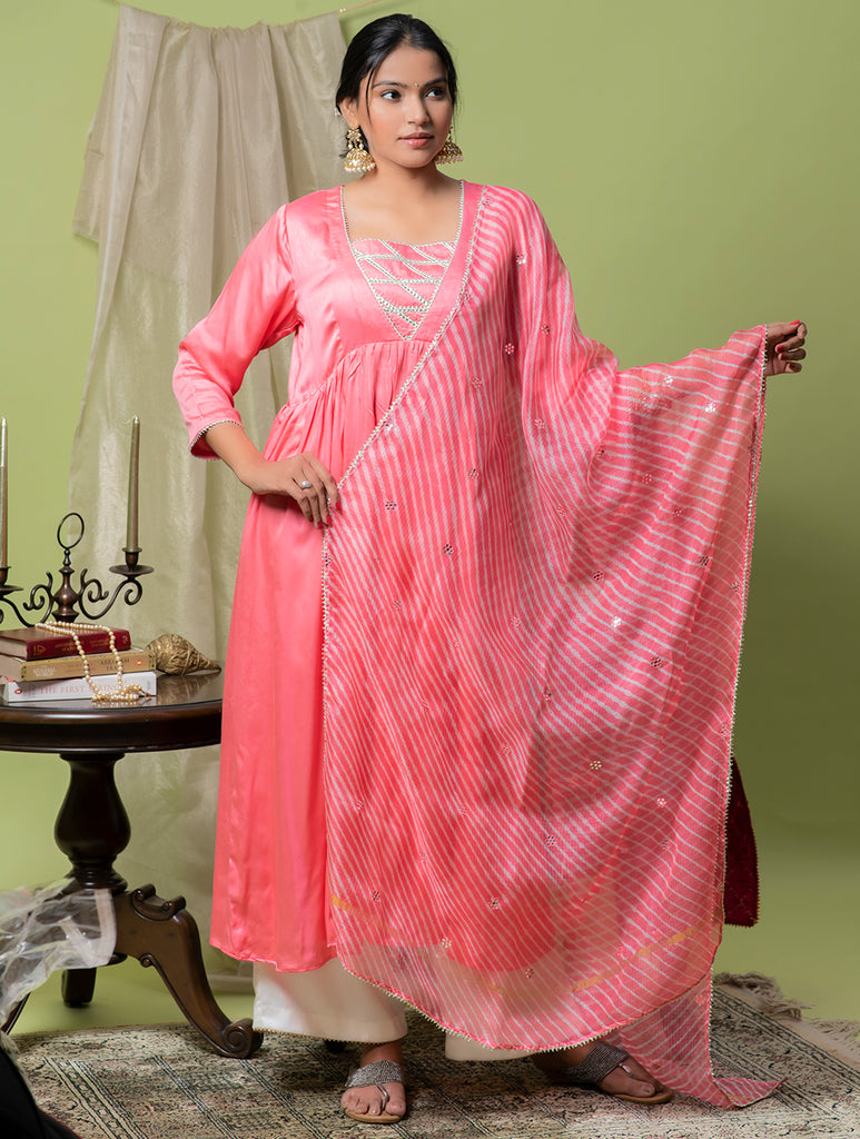 Occasion Wear. Modal Cotton Kurta Set With Lehariya & Mirrorwork Dupatta - Deep Melon Pink & Beige