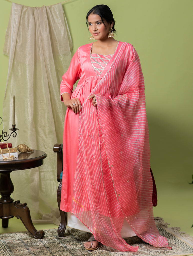 Occasion Wear. Modal Cotton Kurta Set With Lehariya & Mirrorwork Dupatta - Deep Melon Pink & Beige