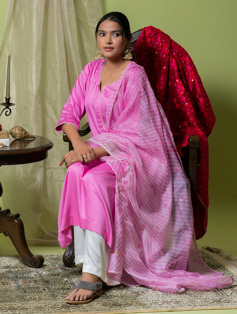 Occasion Wear. Modal Cotton Kurta Set With Lehariya & Mirrorwork Dupatta - Warm Soft Pink & Silver