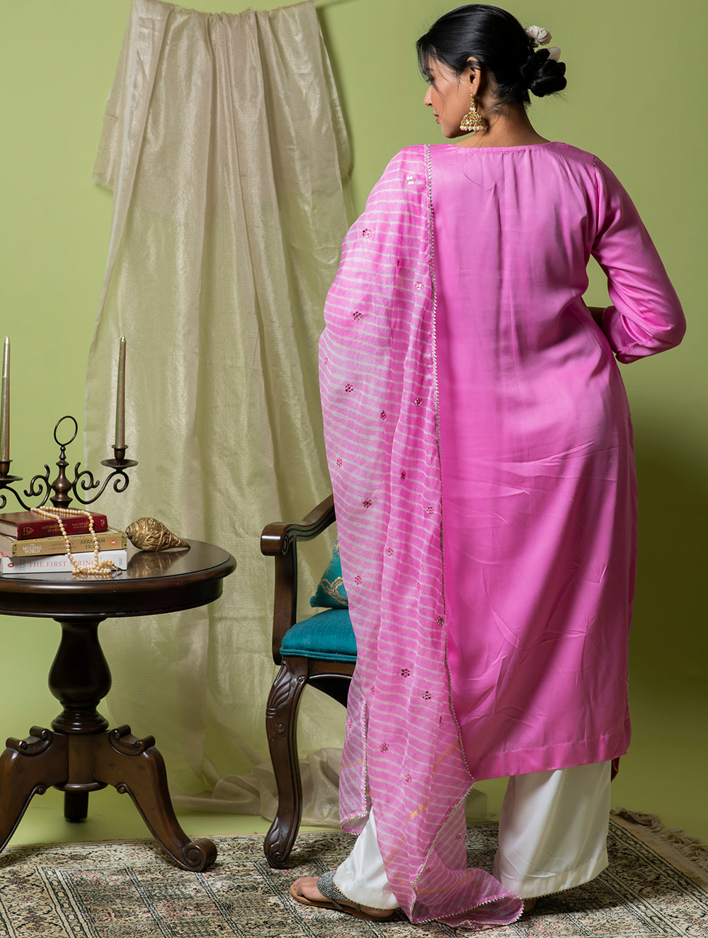 Load image into Gallery viewer, Occasion Wear. Modal Cotton Kurta Set With Lehariya &amp; Mirrorwork Dupatta - Warm Soft Pink &amp; Silver