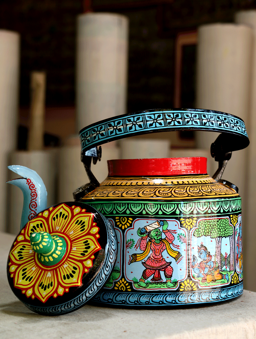 Pattachitra Art - Tin Teapot, Large - The India Craft House 