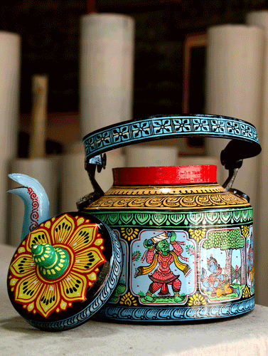 Pattachitra Art - Tin Teapot, Large - The India Craft House 