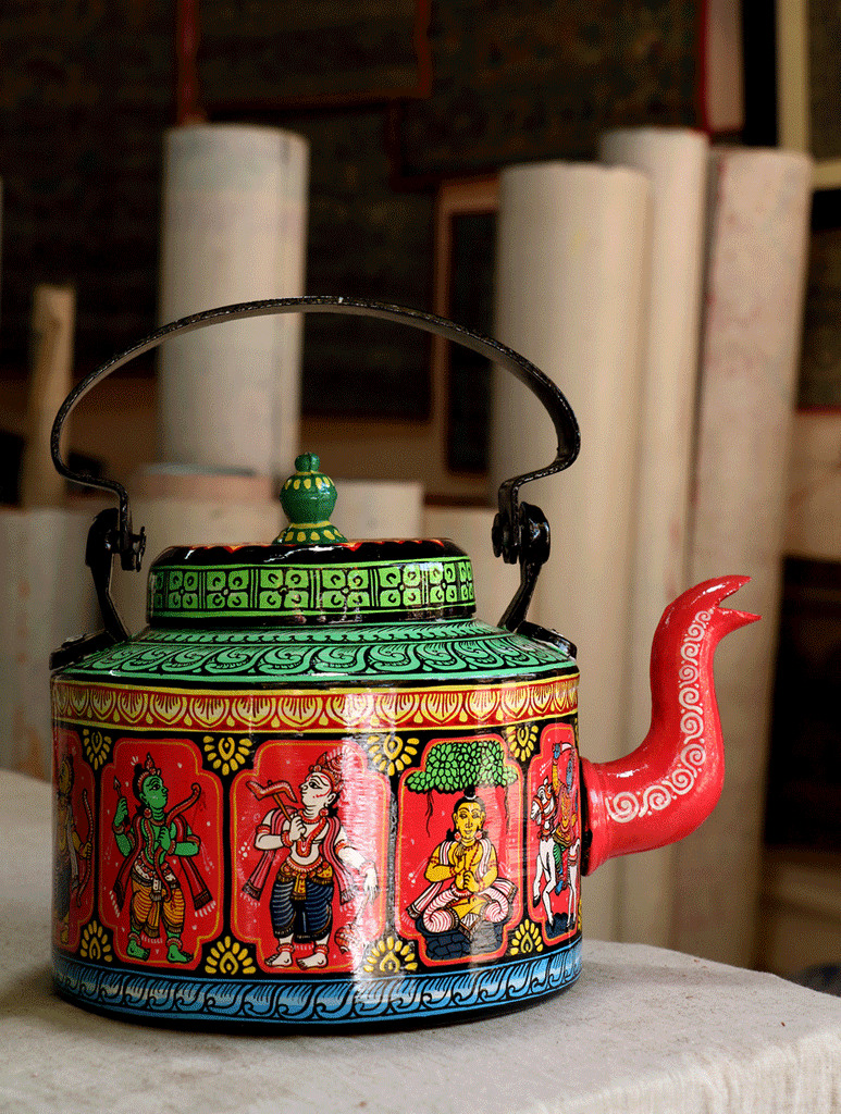Pattachitra Art - Tin Teapot, Large - The India Craft House 