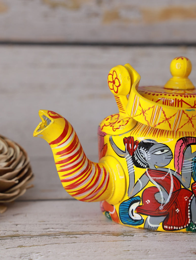 Patua / Santhal Art - Hand Painted Tin Kettle / Curio - Dancers, Yellow