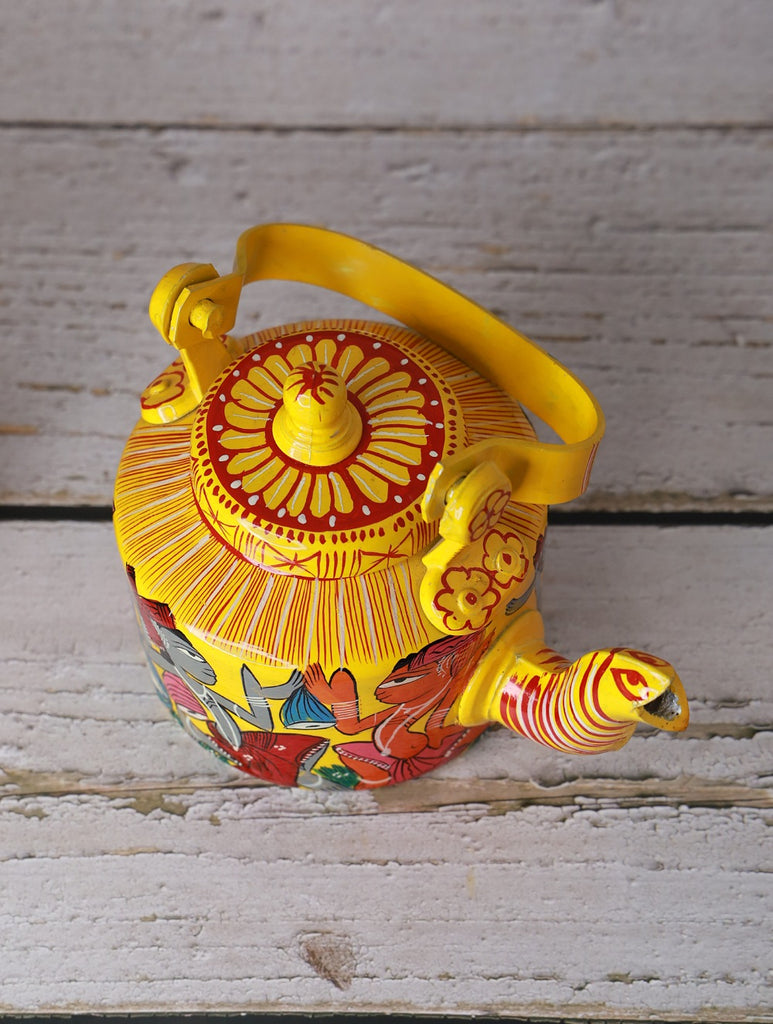 Patua / Santhal Art - Hand Painted Tin Kettle / Curio - Dancers, Yellow