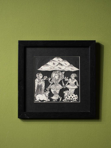 Phad Art Framed Painting - Krishna & Govardhan, Small