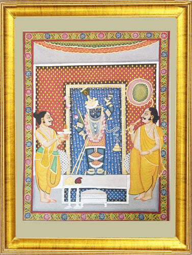 Pichwai Painting ❃ Priests worship Shrinathji