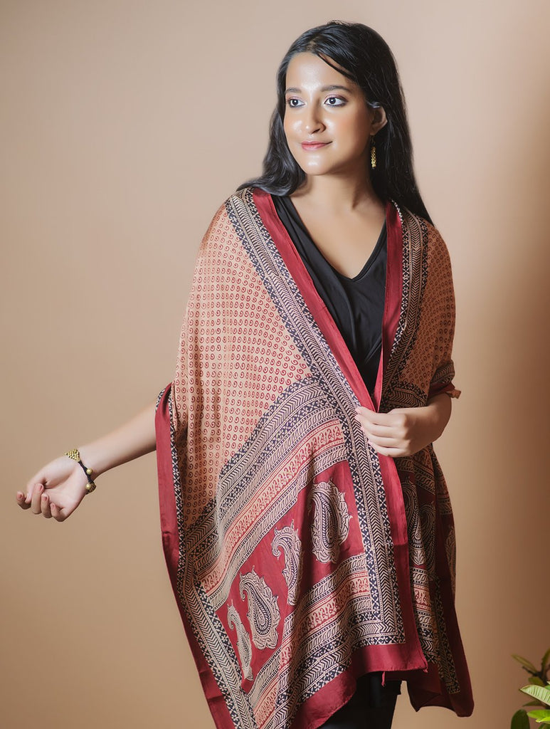 Pure Silk Bagh Printed Stole - Red Circle