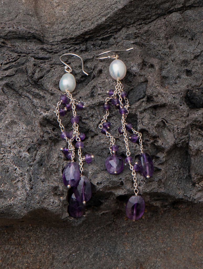 Pure Silver Earrings With Semi Precious Stones - Amethyst Delight Danglers