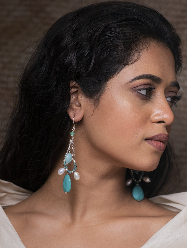 Pure Silver Earrings With Semi Precious Stones - Aqua Green Arabesque