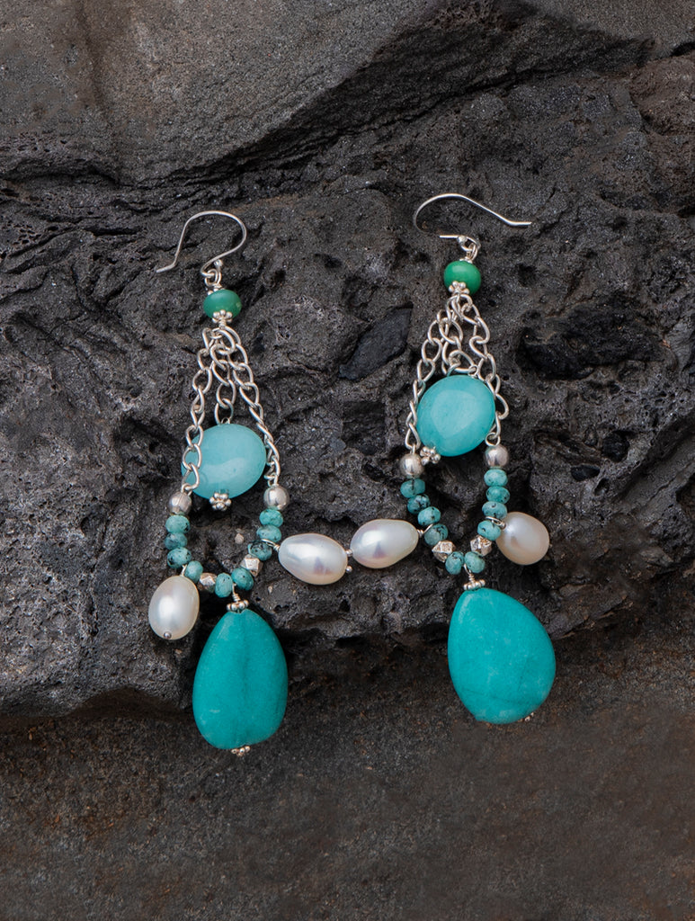 Pure Silver Earrings With Semi Precious Stones - Aqua Green Arabesque