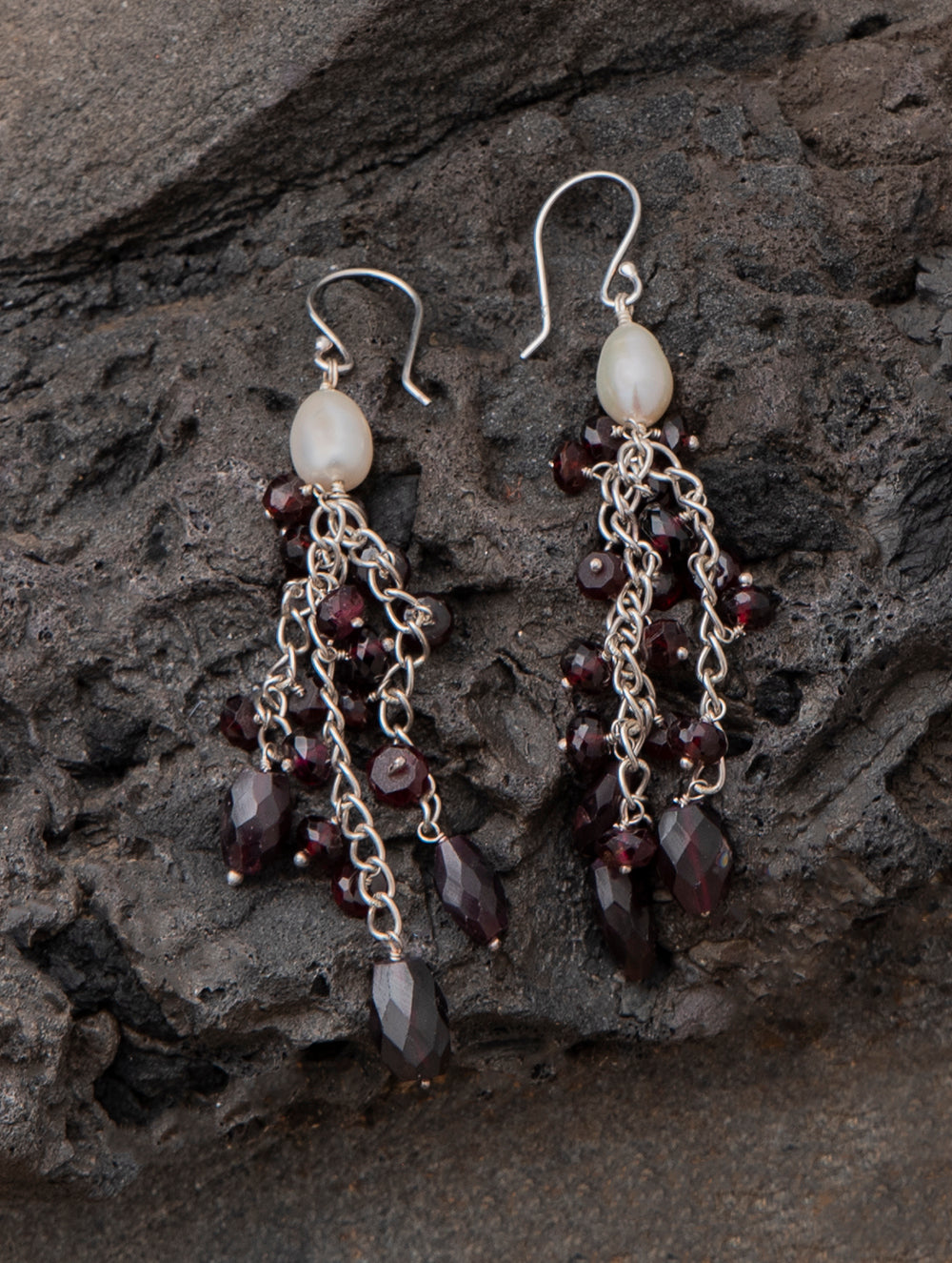 Load image into Gallery viewer, Pure Silver Earrings With Semi Precious Stones - Crimson Gaze Danglers