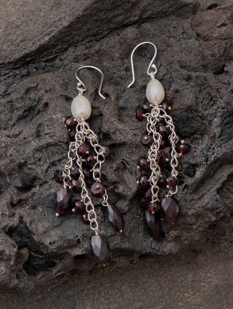 Pure Silver Earrings With Semi Precious Stones - Crimson Gaze Danglers