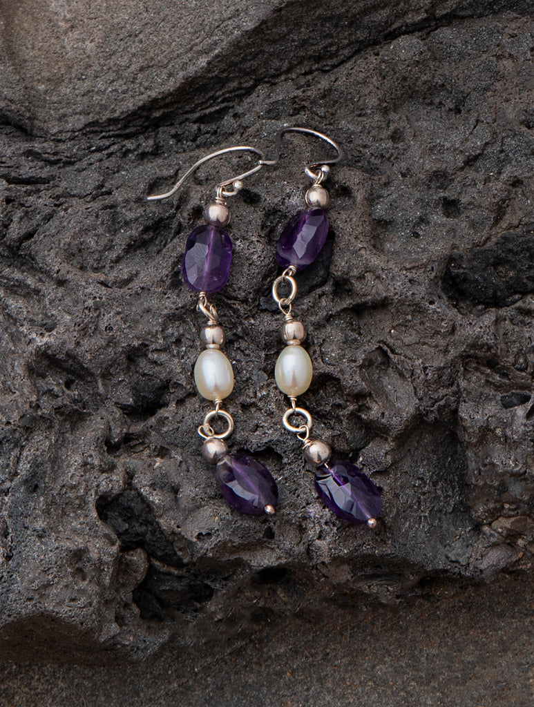 Pure Silver Earrings With Semi Precious Stones - Lavender Pearls