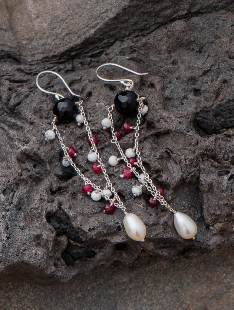 Pure Silver Earrings With Semi Precious Stones - Mystic Pearls Drops