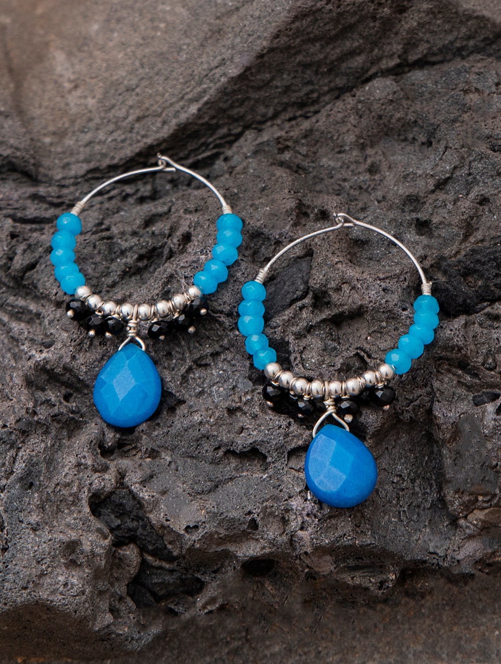 Load image into Gallery viewer, Pure Silver Earrings With Semi Precious Stones - Oceanic Hoops