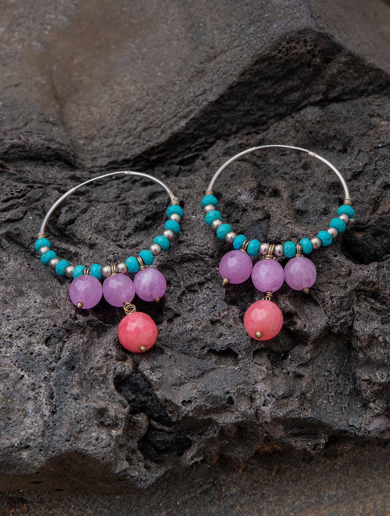 Pure Silver Earrings With Semi Precious Stones - Rainbow Hoops