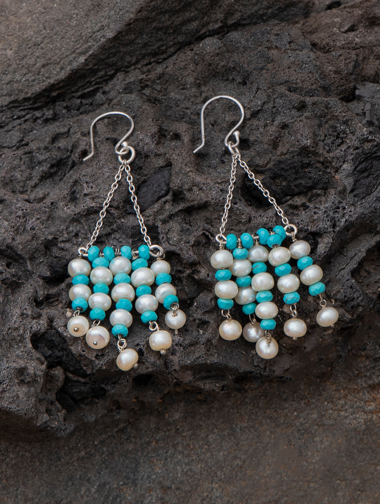 Pure Silver Earrings With Semi Precious Stones - Turquoise and Pearls Medley