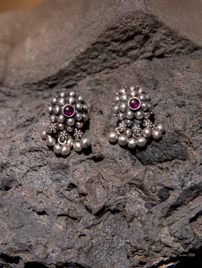 Pure Silver Traditional Maharashtrian Earrings - Flower with Ghungroo