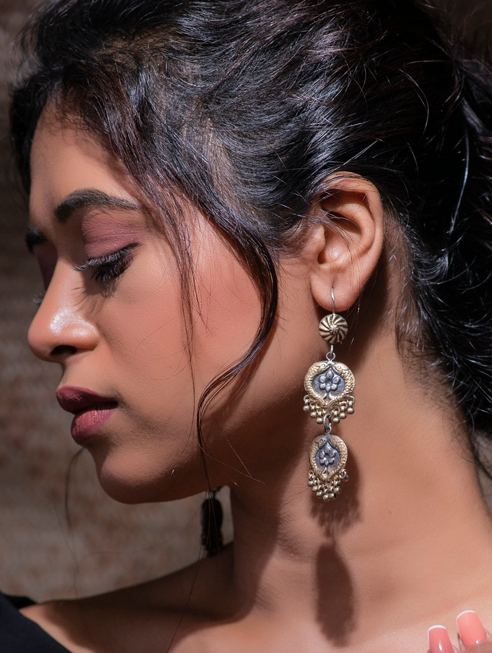 Pure Silver Earrings - Dual Toned Fish & Flower Tier Danglers