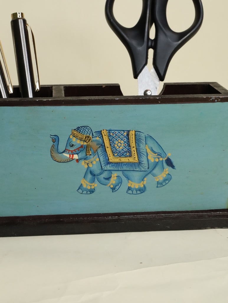 Rajasthani Miniature Art Stationery Holder - Blue Elephant