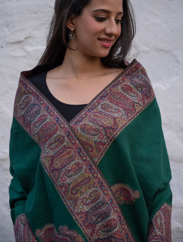 Regal Statement. Exclusive Soft Jamavar Design Kashmiri Shawl - Emerald Green