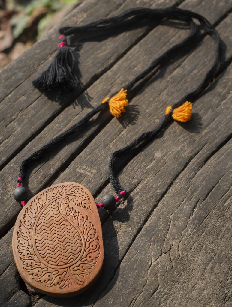 Rustic & Ethnic Hand Engraved Terracotta Neckpiece - Brown Paisley