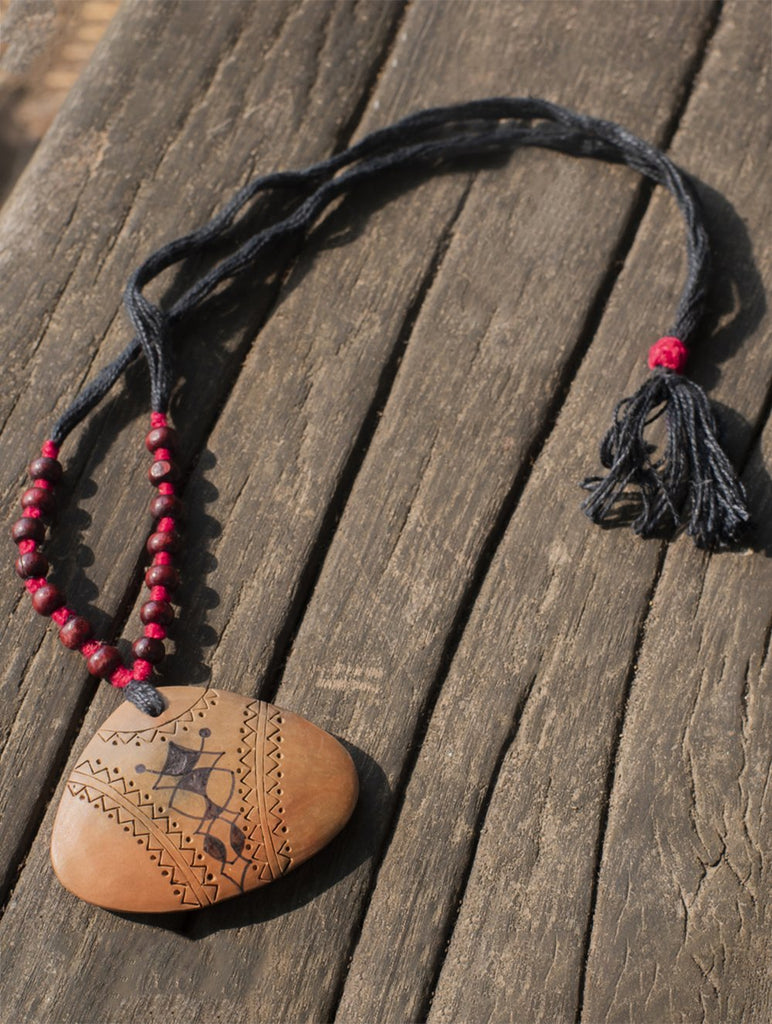 Rustic & Ethnic Hand Engraved Terracotta Neckpiece - Brown Triangular