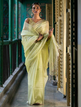 Load image into Gallery viewer, Sheer Elegance. Exclusive Handwoven Resham Silk Saree - Pastel Green