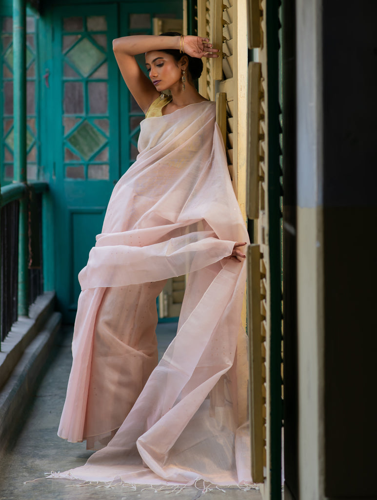 Sheer Elegance. Exclusive Handwoven Resham Silk Saree - Pastel Pink