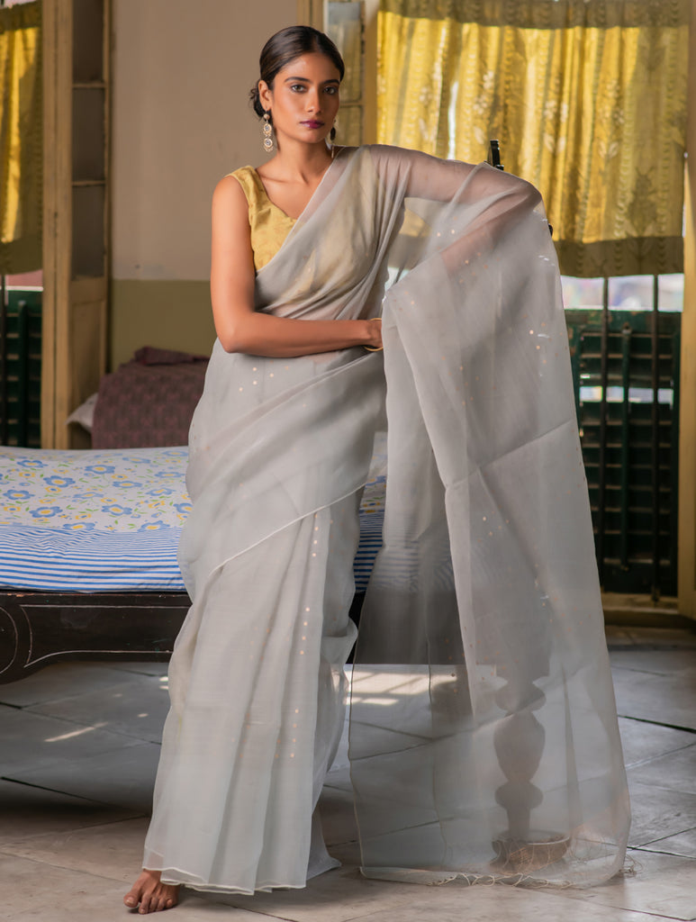 Sheer Elegance. Exclusive Handwoven Resham Silk Saree - Pearl Grey