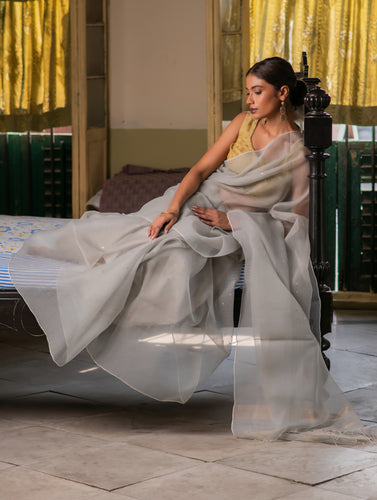 Sheer Elegance. Exclusive Handwoven Resham Silk Saree - Pearl Grey